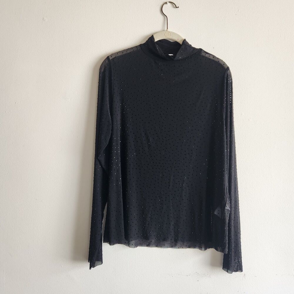 Bar III Black Sheer Rhinestone Turtleneck Long Sleeve Mesh Top 2X whimsy grunge